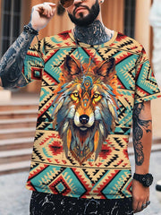 Men's Wolf 3D Print Ethnic Short Sleeve T-shirt for Summer