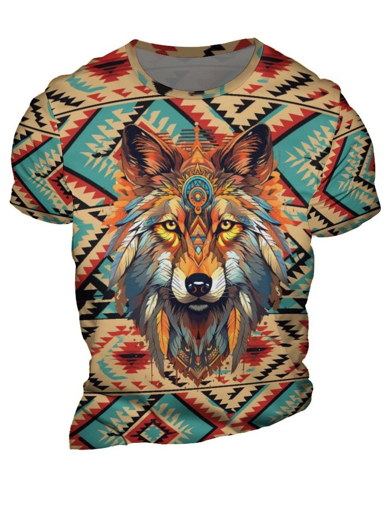Men's Wolf 3D Print Ethnic Short Sleeve T-shirt for Summer