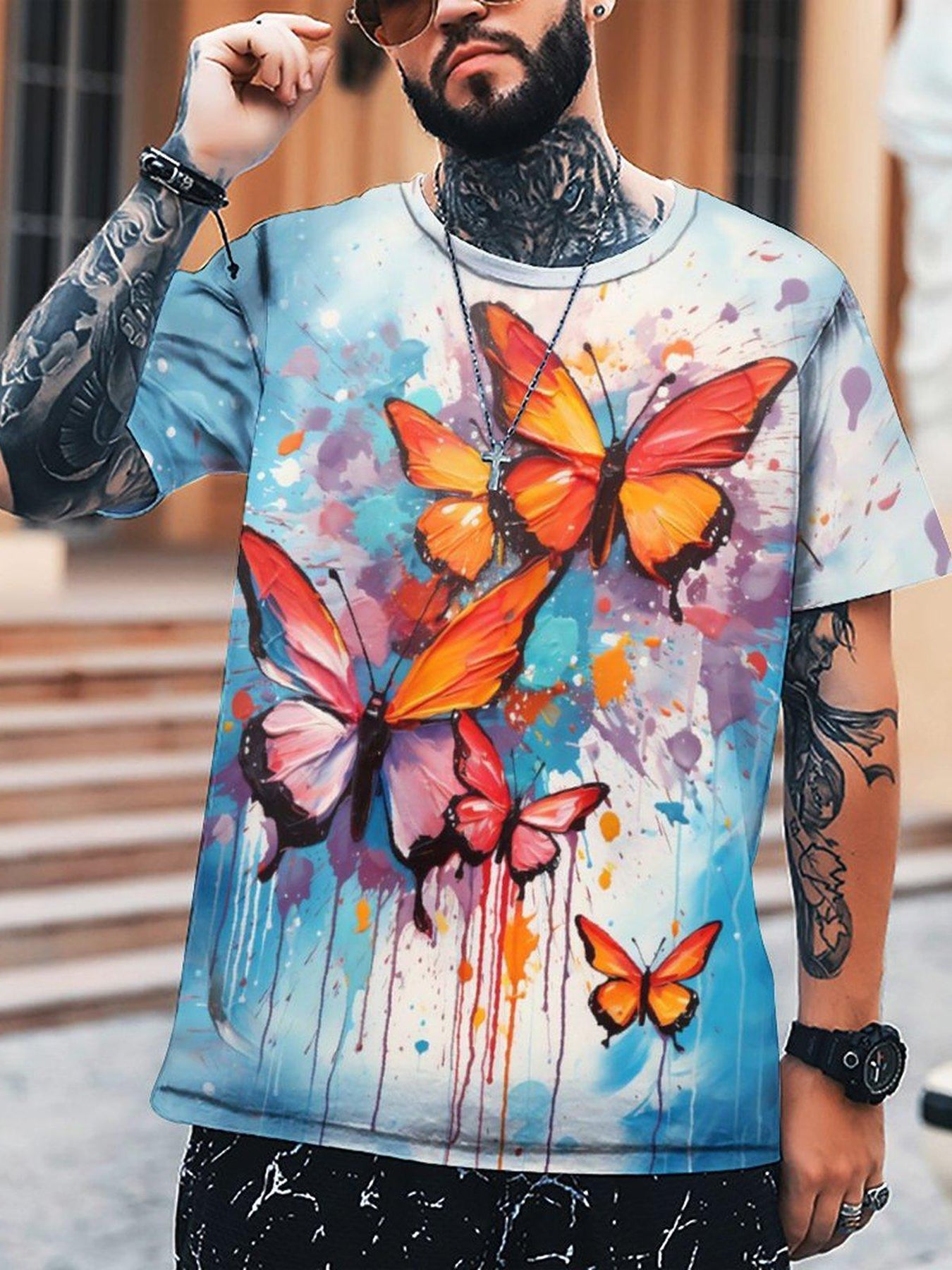 Butterfly 3D Print Men's Graphic Tee Short Sleeve Top Outdoor Clothing