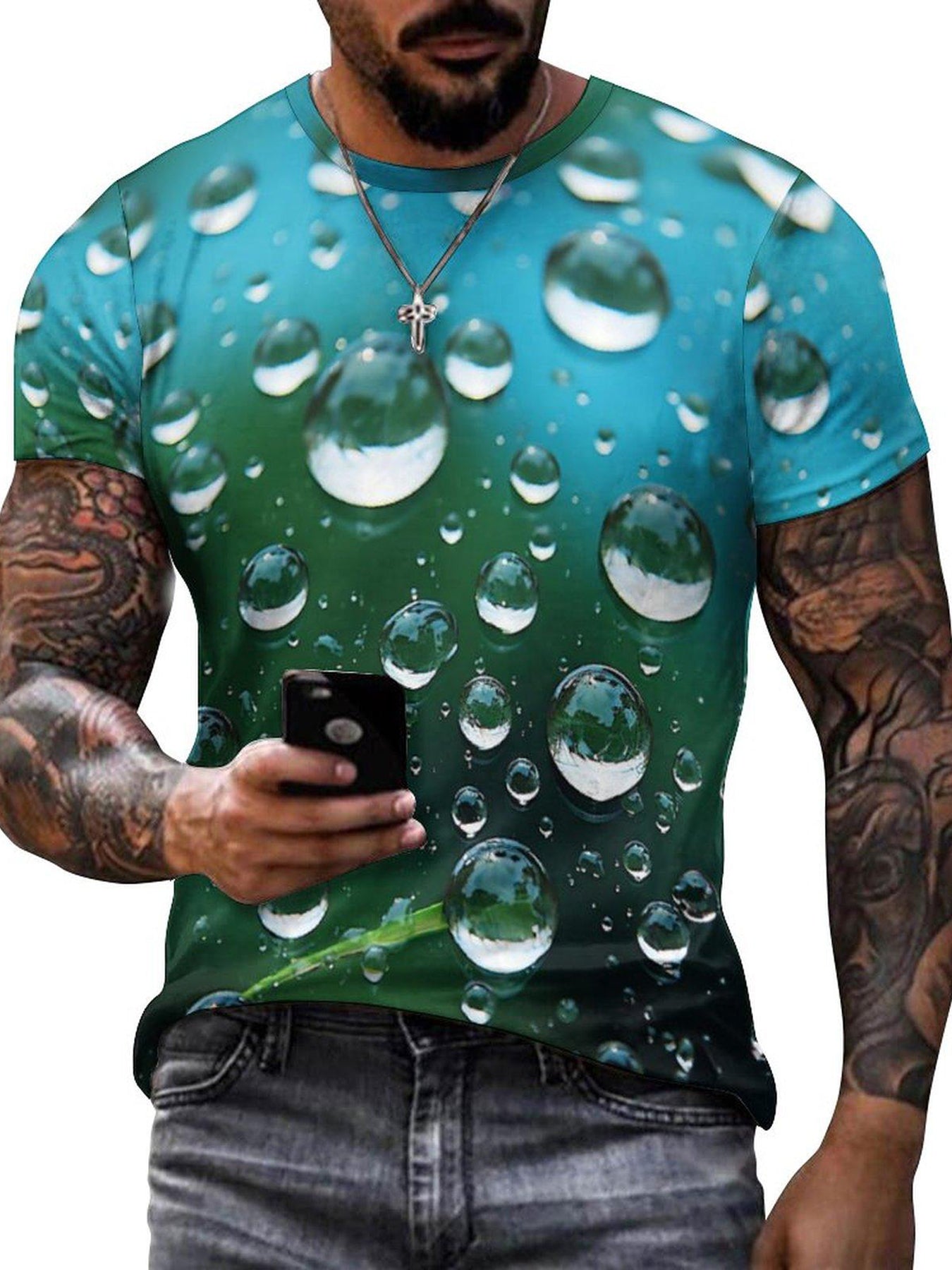 Men's Water Drop Print Short Sleeve T-shirt for Summer
