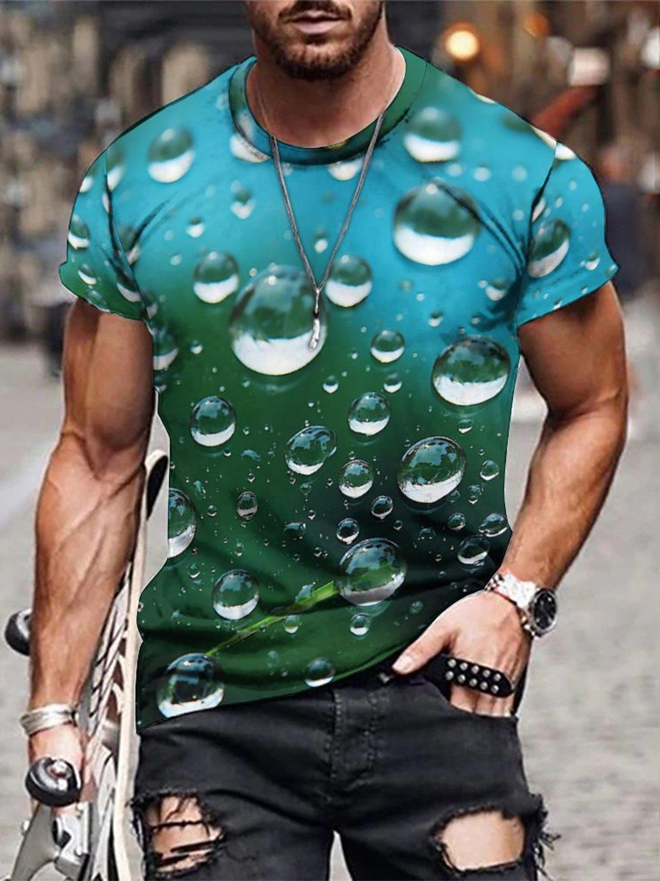 Men's Water Drop Print Short Sleeve T-shirt for Summer