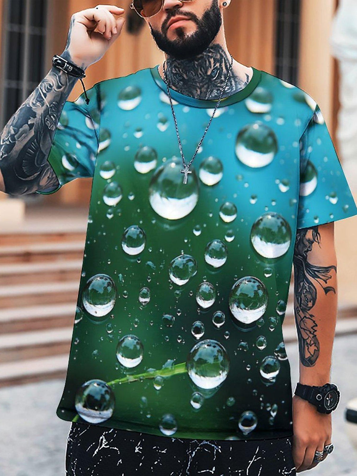 Men's Water Drop Print Short Sleeve T-shirt for Summer