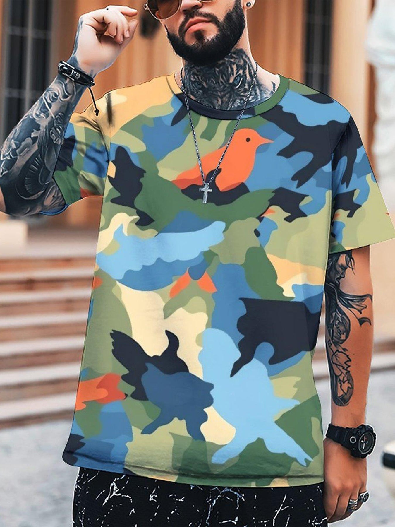 Camouflage Bird Pattern Men's Short Sleeve T shirt for Summer