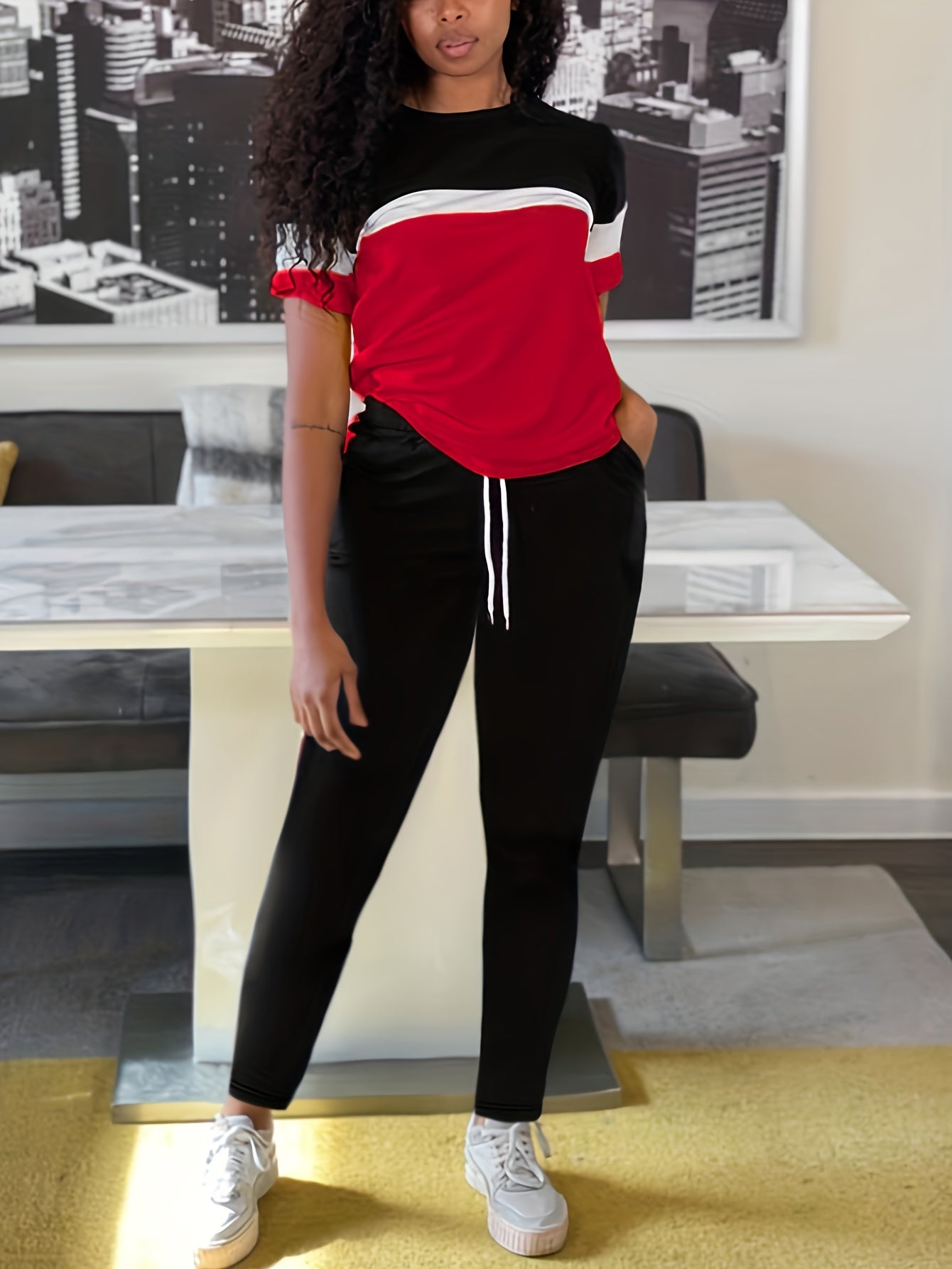 Casual Matching Two-piece Set Block Short Sleeve T-shirt & Striped Pants