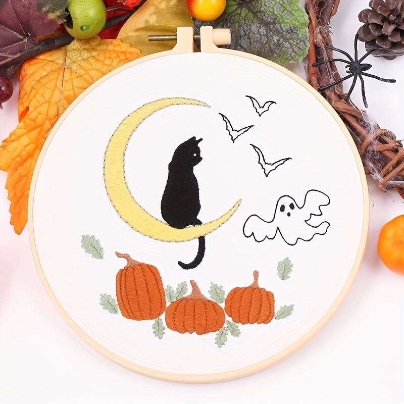 Halloween Embroidery DIY Material Kit - Cat Ghost Bat Witch Pumpkin