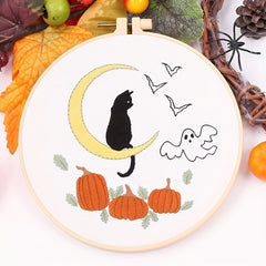 Halloween Embroidery DIY Material Kit - Cat Ghost Bat Witch Pumpkin