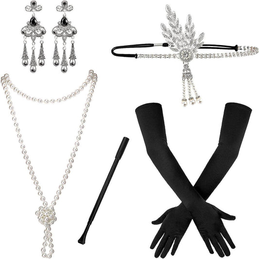 1920s Women's Costume Accessories Set - Headband, Earrings, Necklace, Gloves
