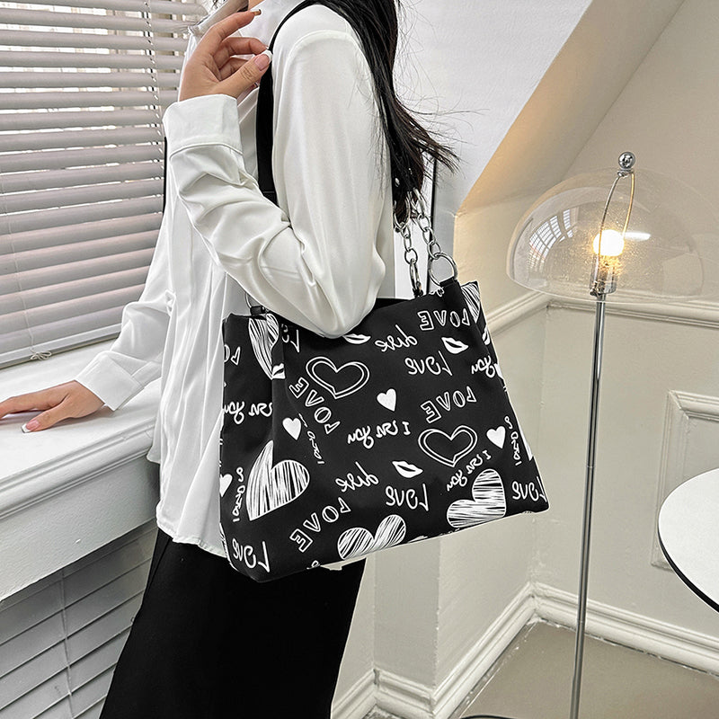 Love Heart Graffiti Tote Bag Chain Shoulder Handbag Zipper Work School