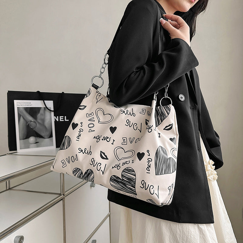 Love Heart Graffiti Tote Bag Chain Shoulder Handbag Zipper Work School