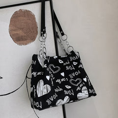 Love Heart Graffiti Tote Bag Chain Shoulder Handbag Zipper Work School