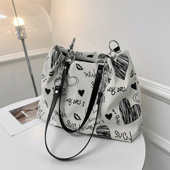 Love Heart Graffiti Tote Bag Chain Shoulder Handbag Zipper Work School