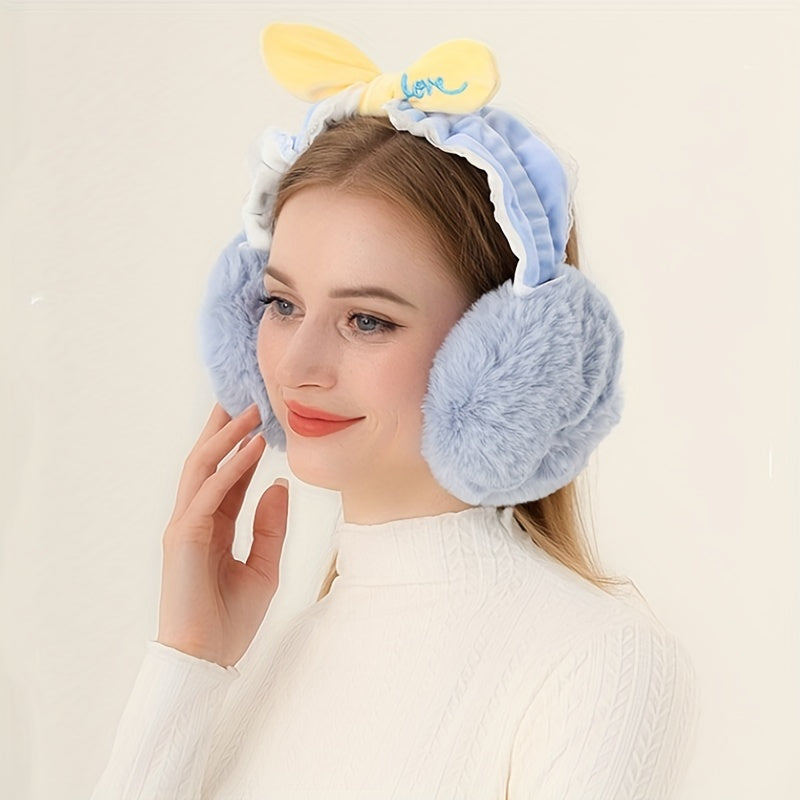 Women's Bowknot Plush Earmuffs - Pastel Yellow Bow & Pink Ribbon