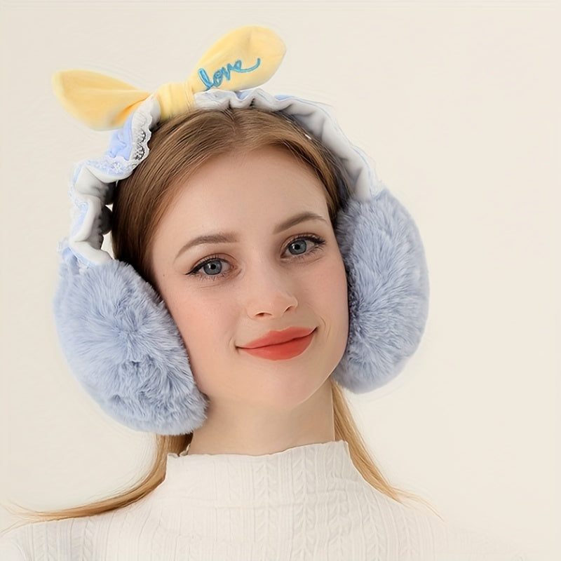 Women's Bowknot Plush Earmuffs - Pastel Yellow Bow & Pink Ribbon