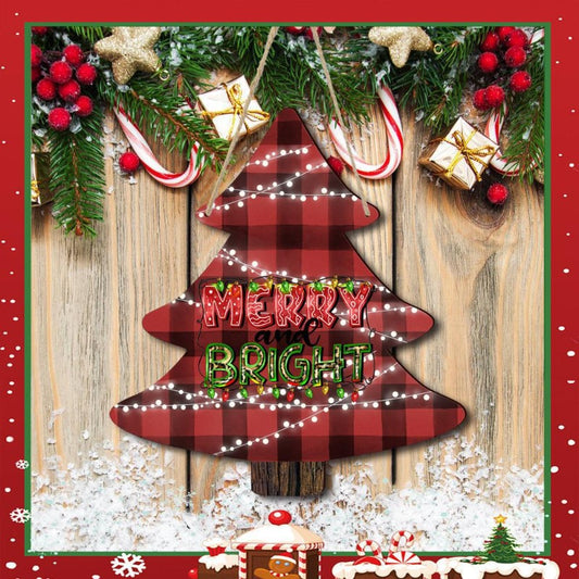 Red Lattice Christmas Tree Hanging Sign Decor Window Wooden Tag Pendant