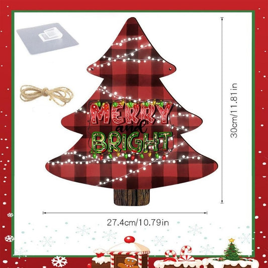 Red Lattice Christmas Tree Hanging Sign Decor Window Wooden Tag Pendant