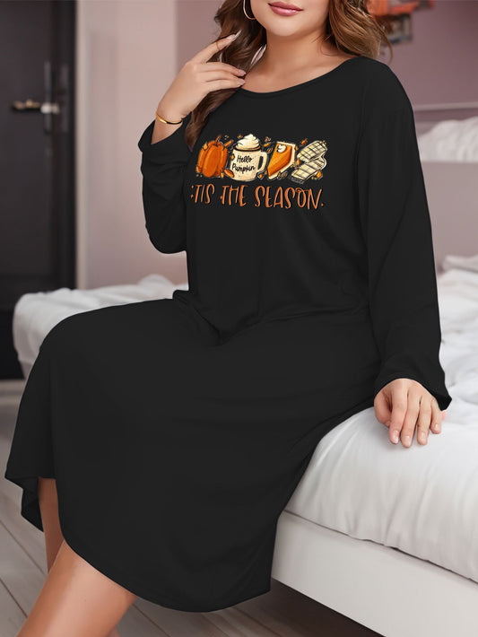  Thanksgiving Loungewear Dress Women's Plus Pumpkin & Cake Print