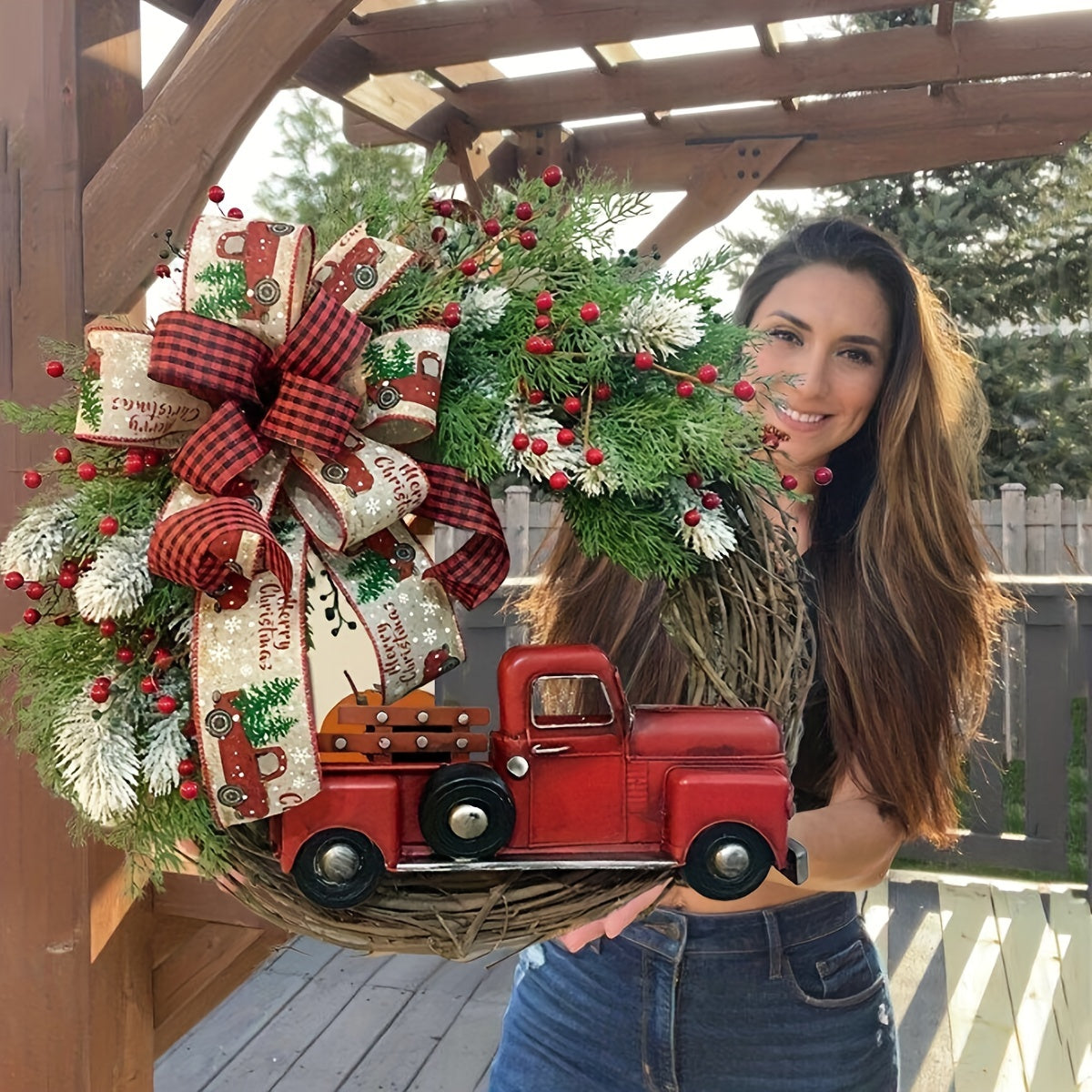 Christmas Wreath Red Truck Decoration Large Door Front Wreath Door Hanging