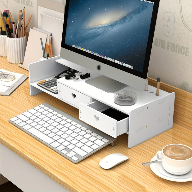 Computer Monitor Stand With Drawers Keyboard Raised Base Shelf
