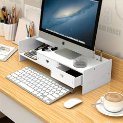 Computer Monitor Stand With Drawers Keyboard Raised Base Shelf