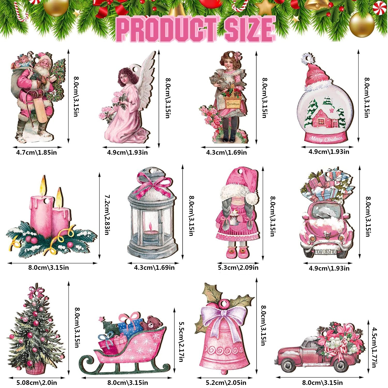 24pcs Pink Santa Pendants Wooden Set Christmas Decorations