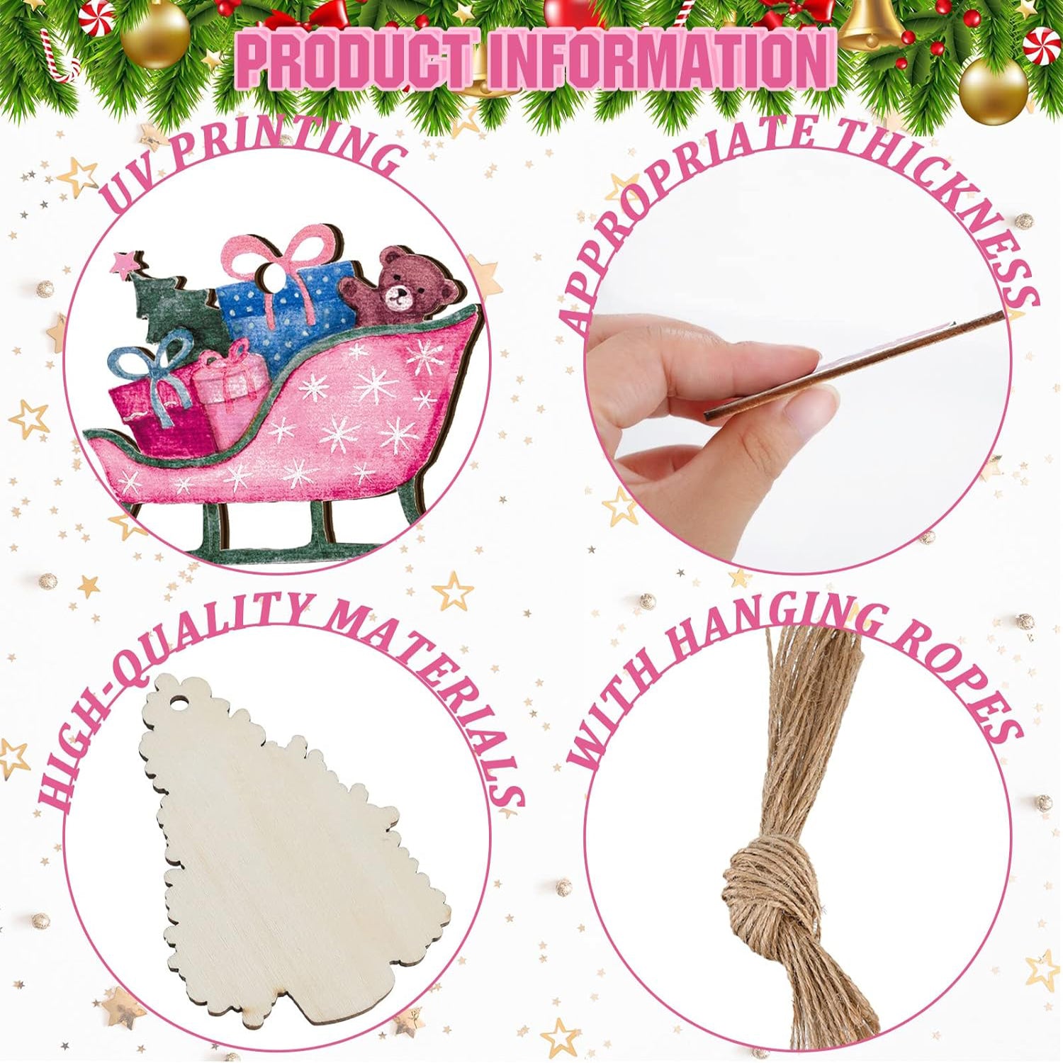 24pcs Pink Santa Pendants Wooden Set Christmas Decorations