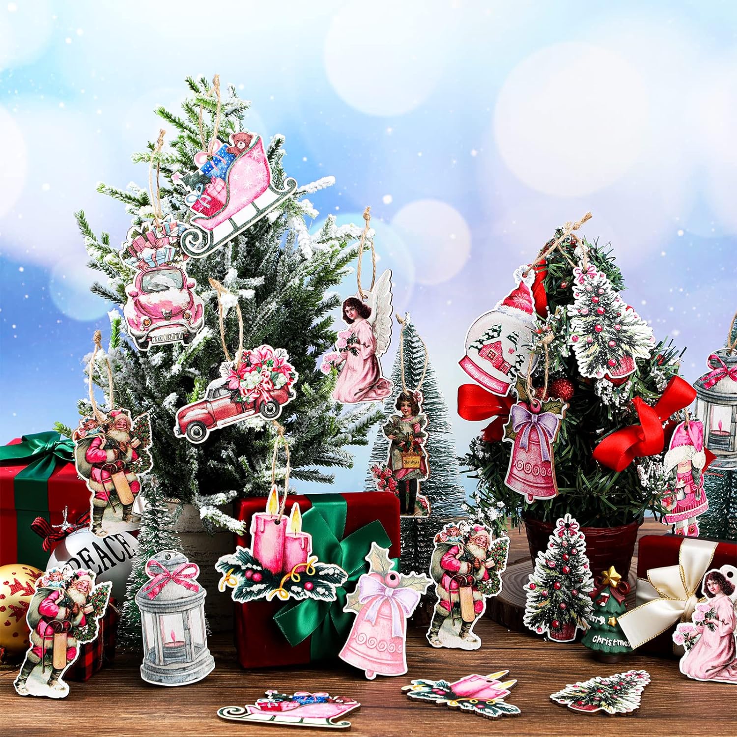 24pcs Pink Santa Pendants Wooden Set Christmas Decorations