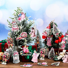 24pcs Pink Santa Pendants Wooden Set Christmas Decorations