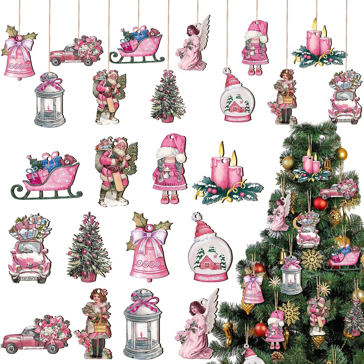 24pcs Pink Santa Pendants Wooden Set Christmas Decorations