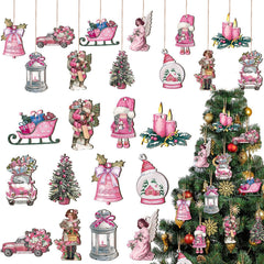 24pcs Pink Santa Pendants Wooden Set Christmas Decorations