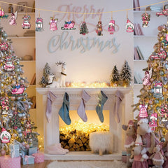 24pcs Pink Santa Pendants Wooden Set Christmas Decorations