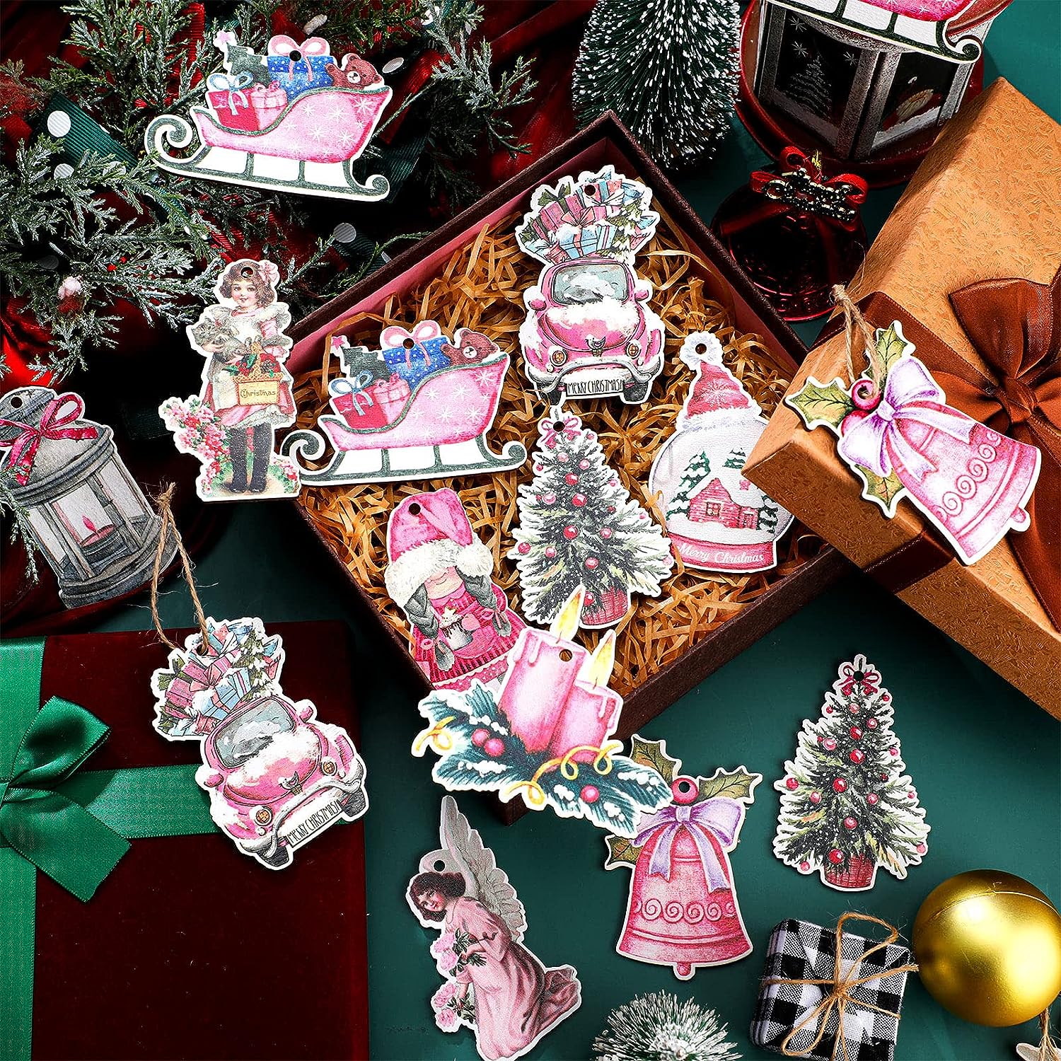 24pcs Pink Santa Pendants Wooden Set Christmas Decorations