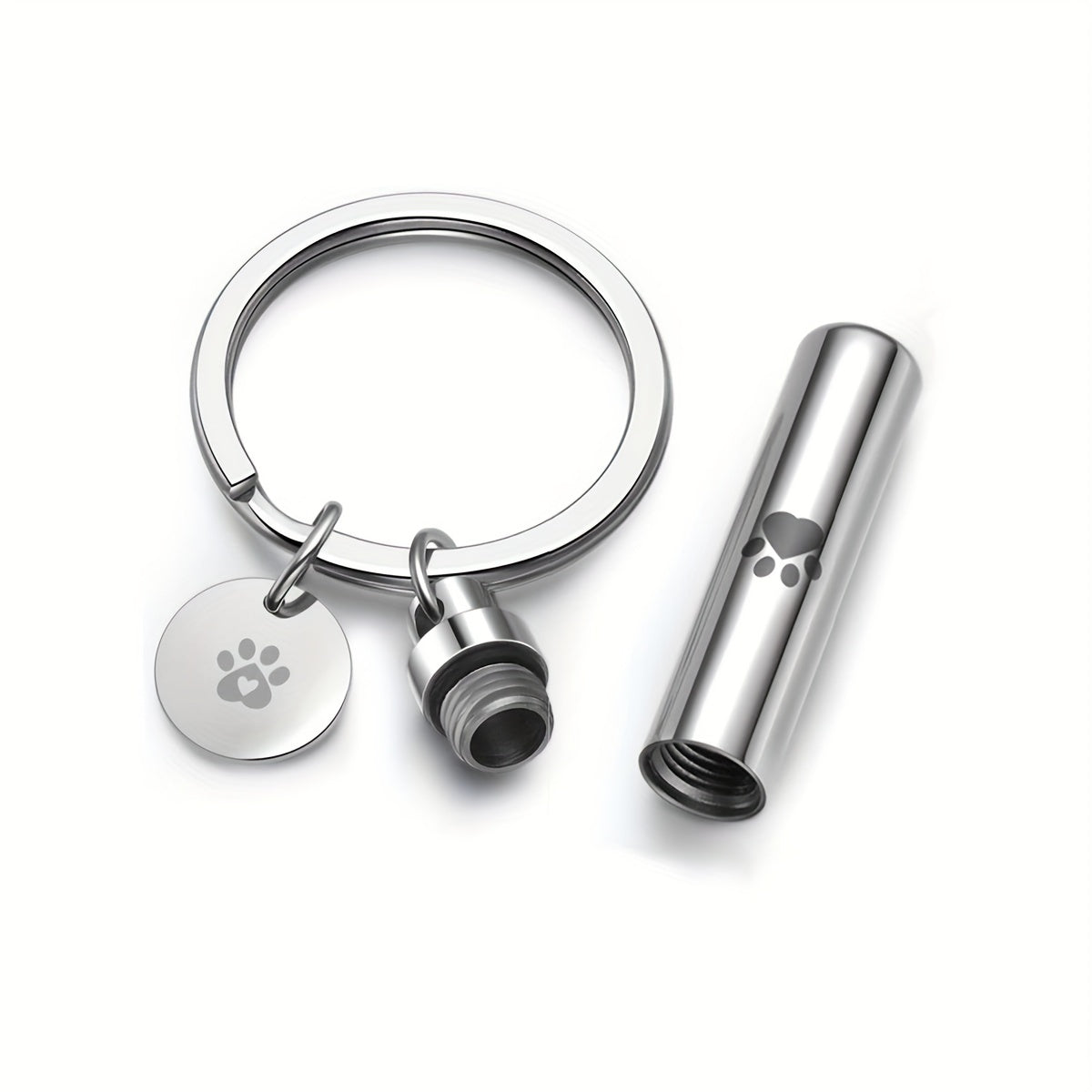 Pet Paw Cylinder Urn Keychain Stainless Steel Ash Keepsake