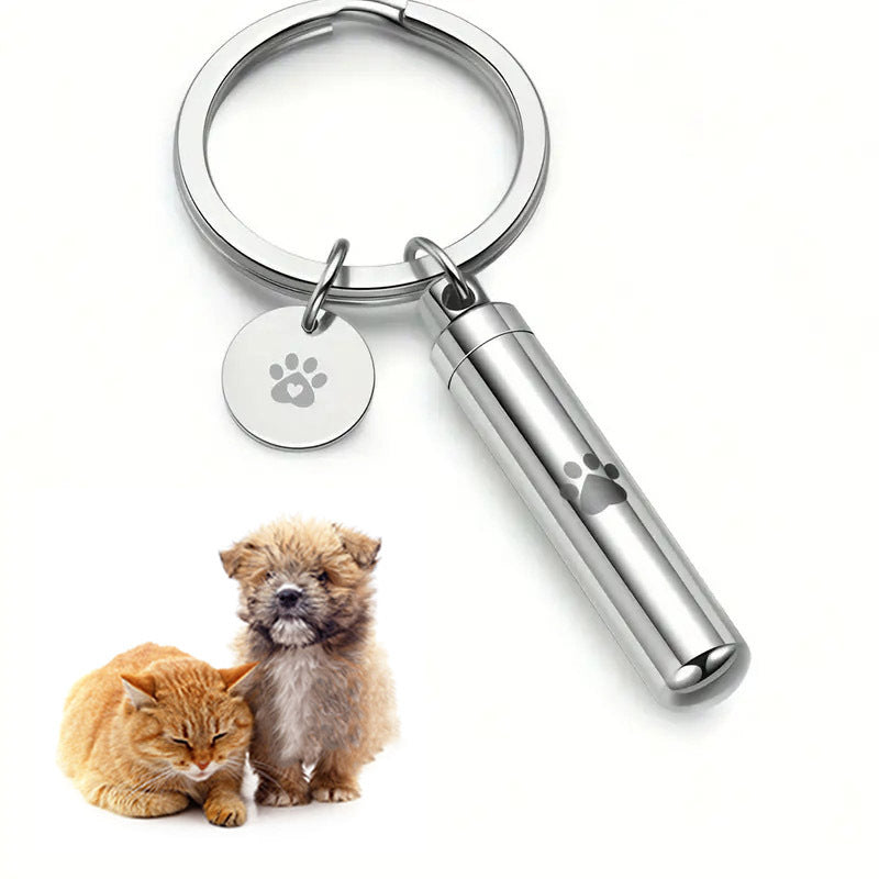 Pet Paw Cylinder Urn Keychain Stainless Steel Ash Keepsake
