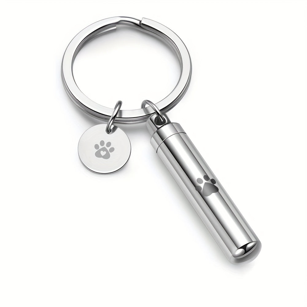 Pet Paw Cylinder Urn Keychain Stainless Steel Ash Keepsake
