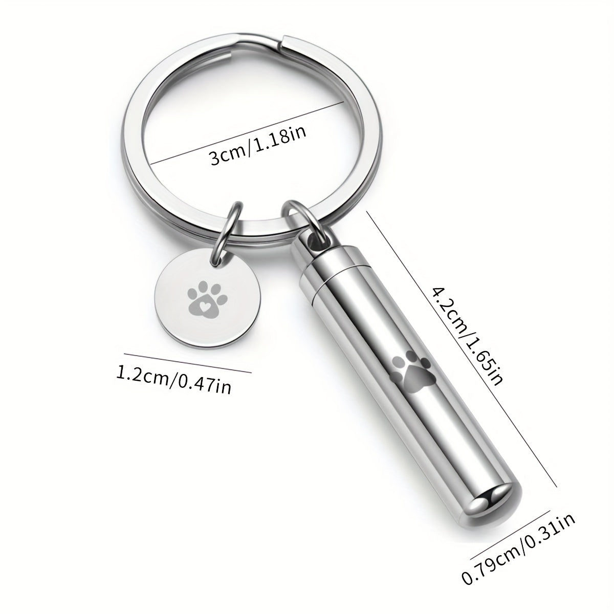 Pet Paw Cylinder Urn Keychain Stainless Steel Ash Keepsake