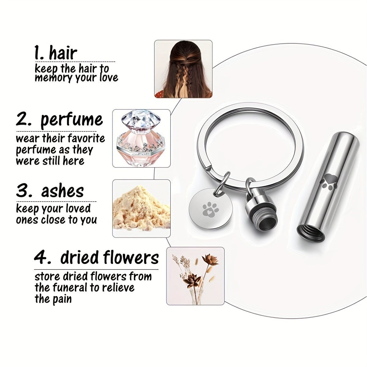 Pet Paw Cylinder Urn Keychain Stainless Steel Ash Keepsake