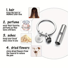 Pet Paw Cylinder Urn Keychain Stainless Steel Ash Keepsake