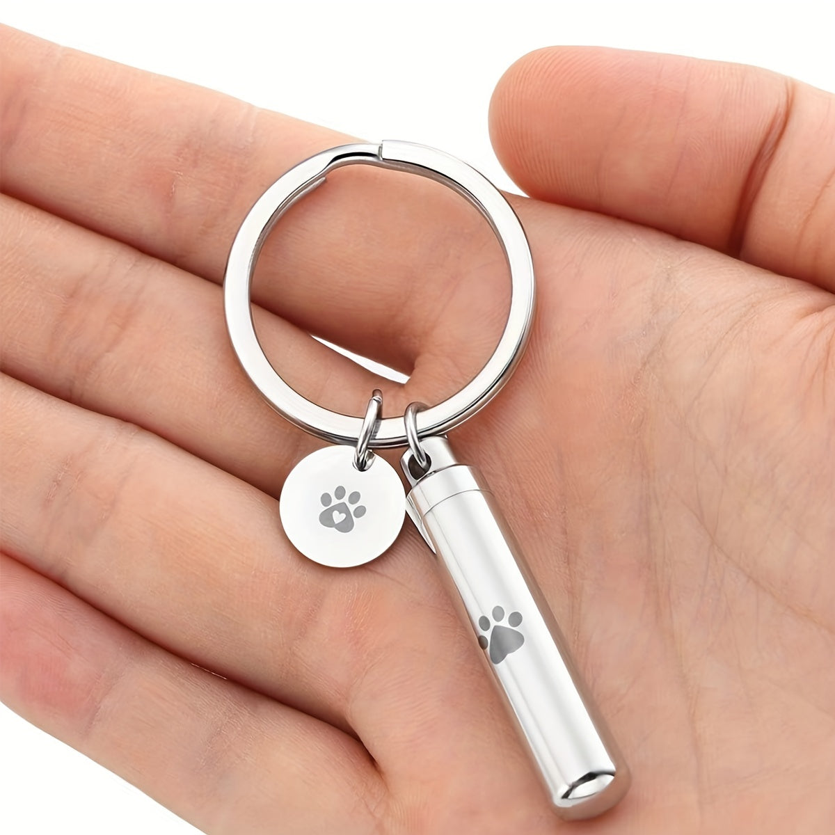 Pet Paw Cylinder Urn Keychain Stainless Steel Ash Keepsake