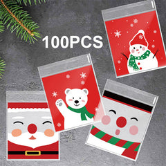 100pcs Christmas Candy Bags Santa Claus Cookie Packing Bag Self Adhesive