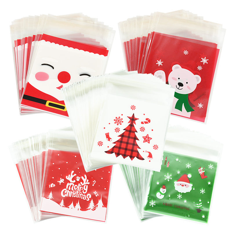 100pcs Christmas Candy Bags Santa Claus Cookie Packing Bag Self Adhesive