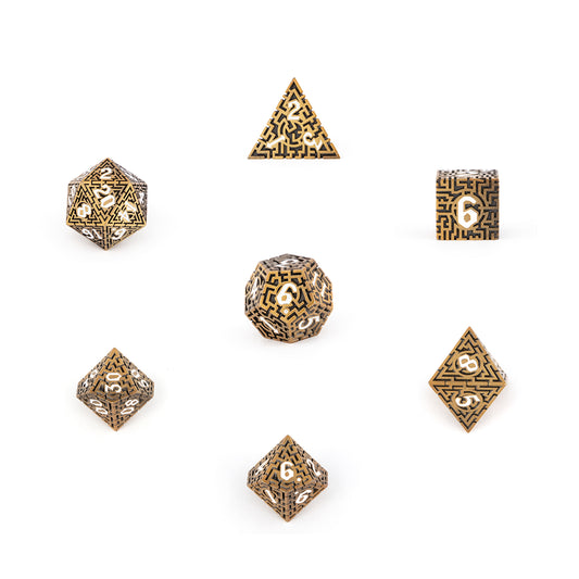 7pcs Copper Metal Dices Maze Hollow Metal Polyhedral Dice Set