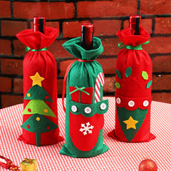 3pcs Christmas Red Wine Bag Xmas Decoration Gift Bottle Cover Table Deco