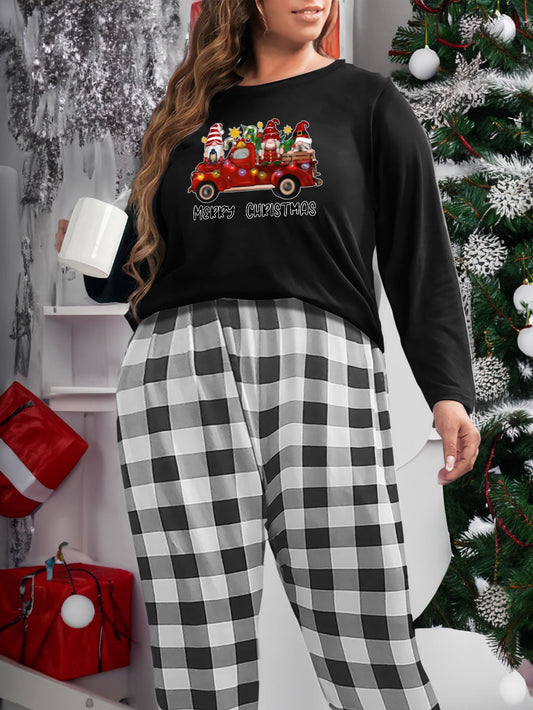  Christmas Lounge Set Gnomes & Truck Print Tee & Plaid Pants Pajamas