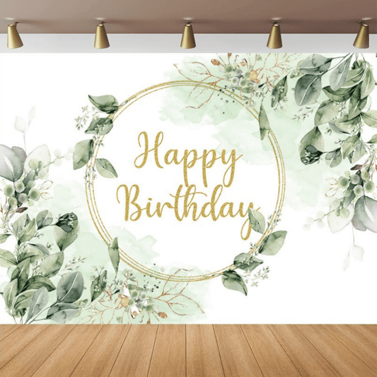 Neutral Greenery Birthday Backdrop Succulent Eucalyptus Leaves