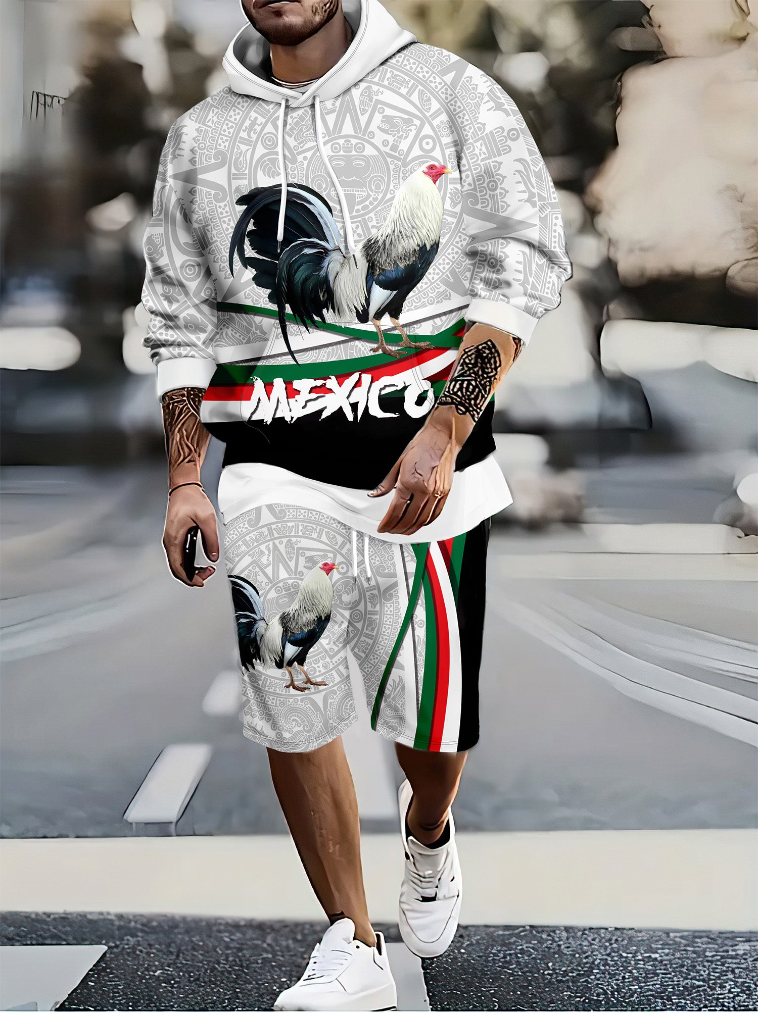 Mexico Rooster Print Men's Casual Hoodie & Shorts Set