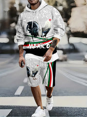 Mexico Rooster Print Men's Casual Hoodie & Shorts Set