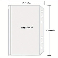 15pcs A5 Binder Pockets 6-Hole Budget Cash Envelopes Clear Zipper Folders