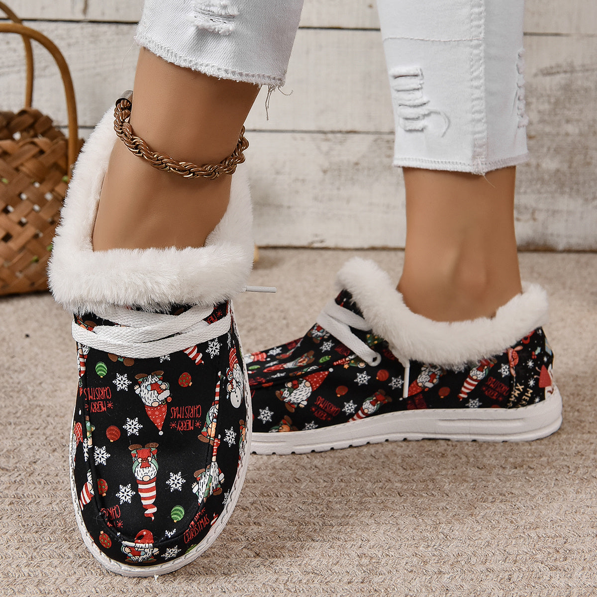 Christmas Print Plush Boat Shoes Fleece Lined Comfort Lace-up Flats