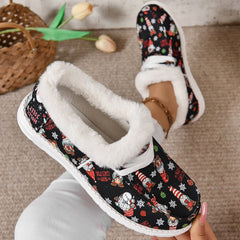 Christmas Print Plush Boat Shoes Fleece Lined Comfort Lace-up Flats