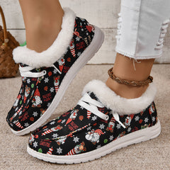 Christmas Print Plush Boat Shoes Fleece Lined Comfort Lace-up Flats